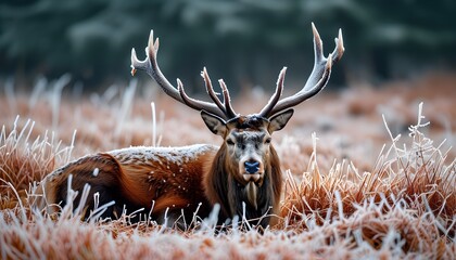 Wall Mural - Majestic red deer stag resting on frosted grass in a serene winter landscape