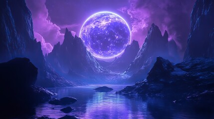 Wall Mural - Futuristic fantasy landscape featuring a sci-fi scene with a cold planet, illuminated by neon lights. 