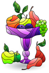 Sticker - Stained glass illustration with still life, vase with fruits and berries isolated on a white background