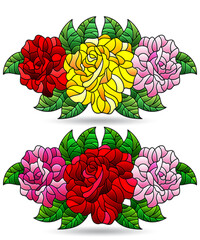 Wall Mural - A set of illustrations in a stained glass style with bright rose flowers, isolated on a white background