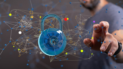 Poster - Security Shield concept, data protection. Shield with dots and lines connectio