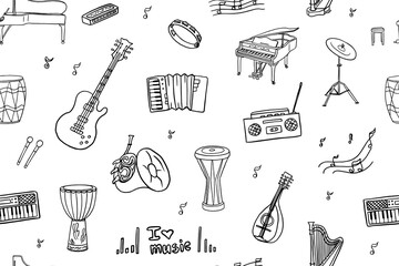 Seamless pattern of music instruments. Violin, harp, banjo, guitar electric, saxophon, drum, accordion, xylophone, harmonica, tambourine, cymbals, synthesizer, record player, microphone. Hand drawn