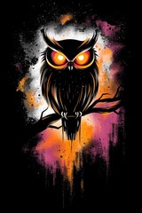 Poster - Silhouetted Owl with Glowing Eyes in a Colorful Abstract Background