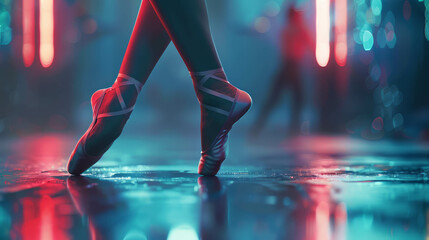 Detailed shot of young ballerina's shoes during movement. AI generative.