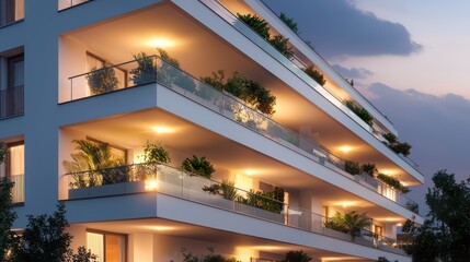 A modern off-white painted apartment building at twilight, with balconies filled with plants and soft lights illuminating each floor