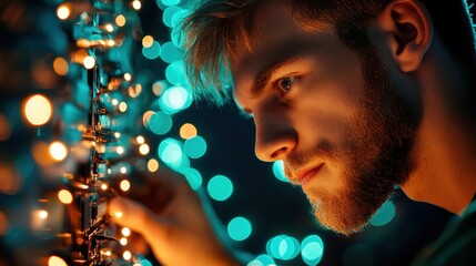 Canvas Print - A technician working on network infrastructure, installing and connecting hardware components.