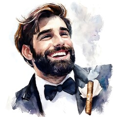 Sticker - Watercolor portrait of a man in a suit, smiling and holding a cigar.