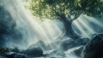 Poster - Mystical Tree in a Foggy Forest