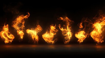 Wall Mural - A collection of dancing fire flames in motion against a dark background highlighting their intense energy