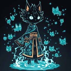 Poster - Mystical Cat Mage with Floating Spirits