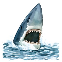 Sticker - Watercolor illustration of a great white shark with its mouth open, showing its sharp teeth.