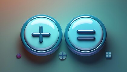 Poster - Two glossy buttons with plus and equals symbols on a gradient background, representing mathematics or calculations.