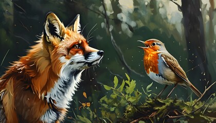 Wall Mural - Curious red fox observing a singing robin amidst lush forest surroundings