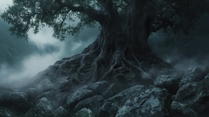 Canvas Print - Ancient Tree in a Misty Forest