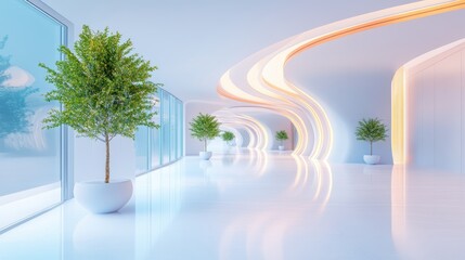 Poster - a panoramic view of a modern, automated office with smart technology and interconnected systems, sho