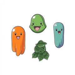 Sticker - Cute Cartoon Characters with Happy Faces and Green Leaves