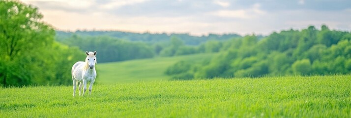 Beautiful donkey in green field with sky on background