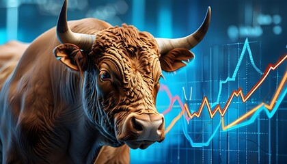 Sticker - Bullish Market Trends Illustrated: Uptrend Line Graph and Stock Market Bull on Blue Background