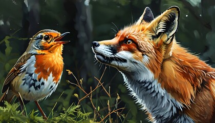 Wall Mural - Curious red fox observing a singing robin amidst lush forest surroundings