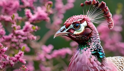 Vibrant peahen amidst blooming pink heather in a stunning close-up display