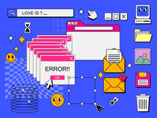 Poster - vector set of retro computer interface ui and icon,
vintage and dialog window 90's, nostalgic os element and icon design
