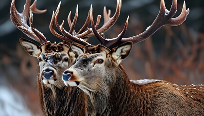 Intimate winter encounter between two majestic red deer stags in a snow-covered landscape