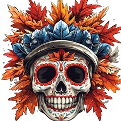 Wall Mural - Sugar Skull with Autumn Leaves Headdress