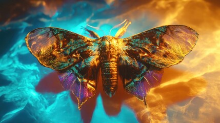 Canvas Print - Golden Moth with Iridescent Wings Against a Blurry Background