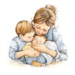 © Woranuch - Mother Holding Her Two Children, Watercolor Illustration.