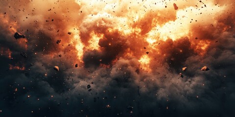 Wall Mural - a fiery explosion in the sky with a lot of debris. the sky is filled with smoke and fire, and the de
