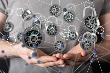 Poster - holding 3D rendering group of blue people