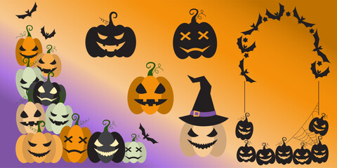 Halloween party decoration garland set with bats, pumpkins, witch hat. Cute Jack O Lantern Evil Pumpkin Garland Set for Halloween. Simple banner hanging party classy decor vector element.