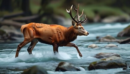 Red deer hind gracefully crossing a flowing river in a natural landscape