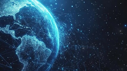 Poster - Abstract tech background with global network and digital connection. Digital data globe. Global network. Global internet business. Futuristic digital world. Symbolizing global connectivity. Copy space