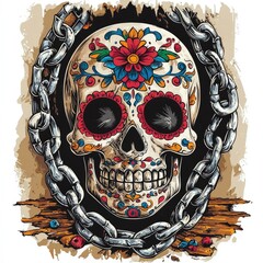 Sticker - Sugar Skull with Chains and Flowers