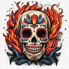 Sticker - Sugar Skull with Flames