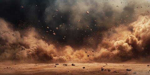 Wall Mural - A large cloud of dust and debris is blowing through a desert. The scene is chaotic and disordered, with rocks and dirt flying everywhere. Scene is one of destruction and turmoil
