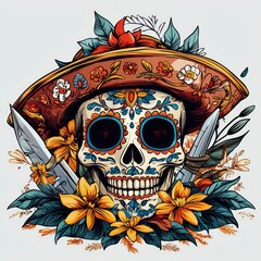 Canvas Print - Sugar Skull with Flowers and Swords