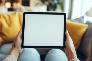 A close-up of an iPad Pro with a blank screen, held by hands and sitting on a sofa in a living room. The focus is sharp, and the background is blurred.