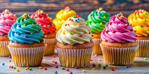 Close-up of Symmetrical Row of Six Colorful Cupcakes on a Wooden Table, Featuring Prominent White-Frosted Center Cupcake, Bright Sprinkles, and Cheerful Celebration Atmosphere