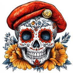 Wall Mural - Sugar Skull with Red Beret and Flowers