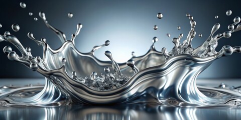 Elegant Crown-Shaped Liquid Metal Splash in Close-Up with Dazzling Reflective Silvery-Grey Texture on Dark to Light Blue Background, Capturing Motion and Sophistication