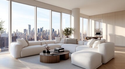 Modern minimalist living room with clean lines, neutral tones, and sleek furniture, featuring a large window with city views