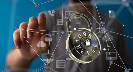 Poster - Security Shield concept, data protection. Shield with dots and lines connectio