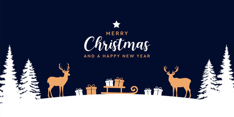 Wall Mural - christmas greeting card with deer and gifts in winter landscape vector illustration