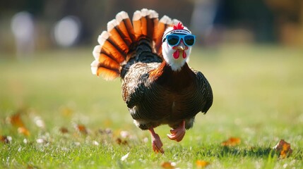 A turkey dressed as a professional runner, complete with a headband and tiny sunglasses