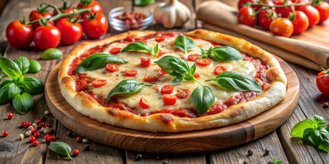 Tomato Basil Pizza on Rustic Wooden Board with Fresh Ingredients - a Feast for the Senses