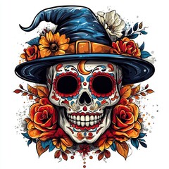 Sticker - Sugar Skull Wearing a Witch Hat with Flowers