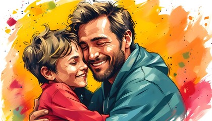 Wall Mural - Heartwarming Fathers Day Illustration of Father and Son Embracing, Perfect for Album, Notebook, or Flyer Design