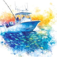 Sticker - Watercolor Illustration of a Boat Fishing with a School of Fish in the Ocean.